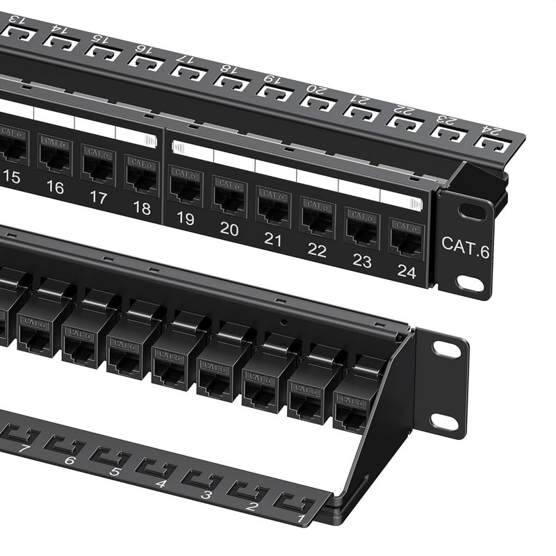 CableMatters لوحة توصيل إيثرنت 1U 19 بوصة 24 منفذ 10Gbps Cat6 مع كاوية متكاملة وشريط إدارة الكابلات، لوحة توصيل شبكة قابلة للتثبيت على الرف أو الحائط - Image 1